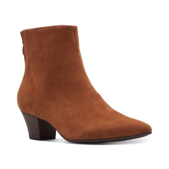 Clarks Teresa Boot Dark Tan Suede Womens 9W Rear Zip Block Heel Round Toe Bootie - Picture 1 of 1